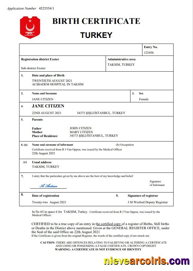 Turkey birth certificate